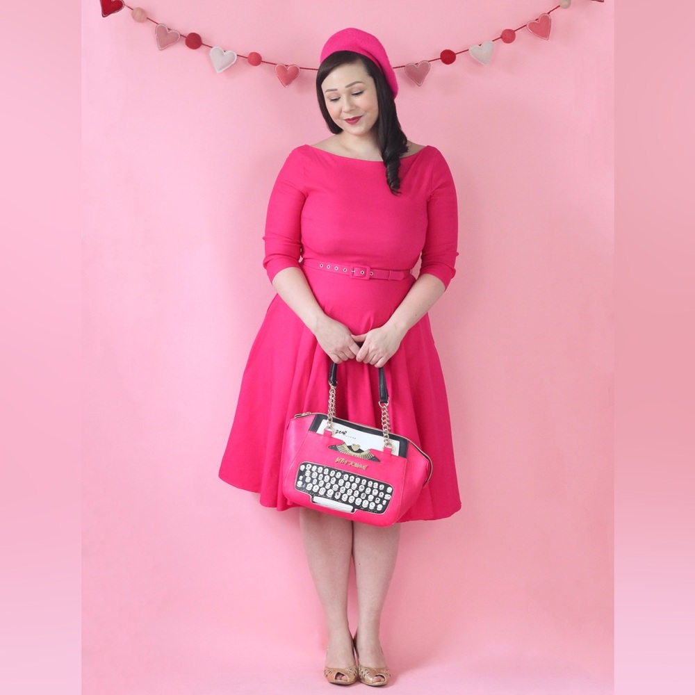 Unique Vintage Hot Pink Devon 3/4 Sleeve Retro Vintage Swing Dress